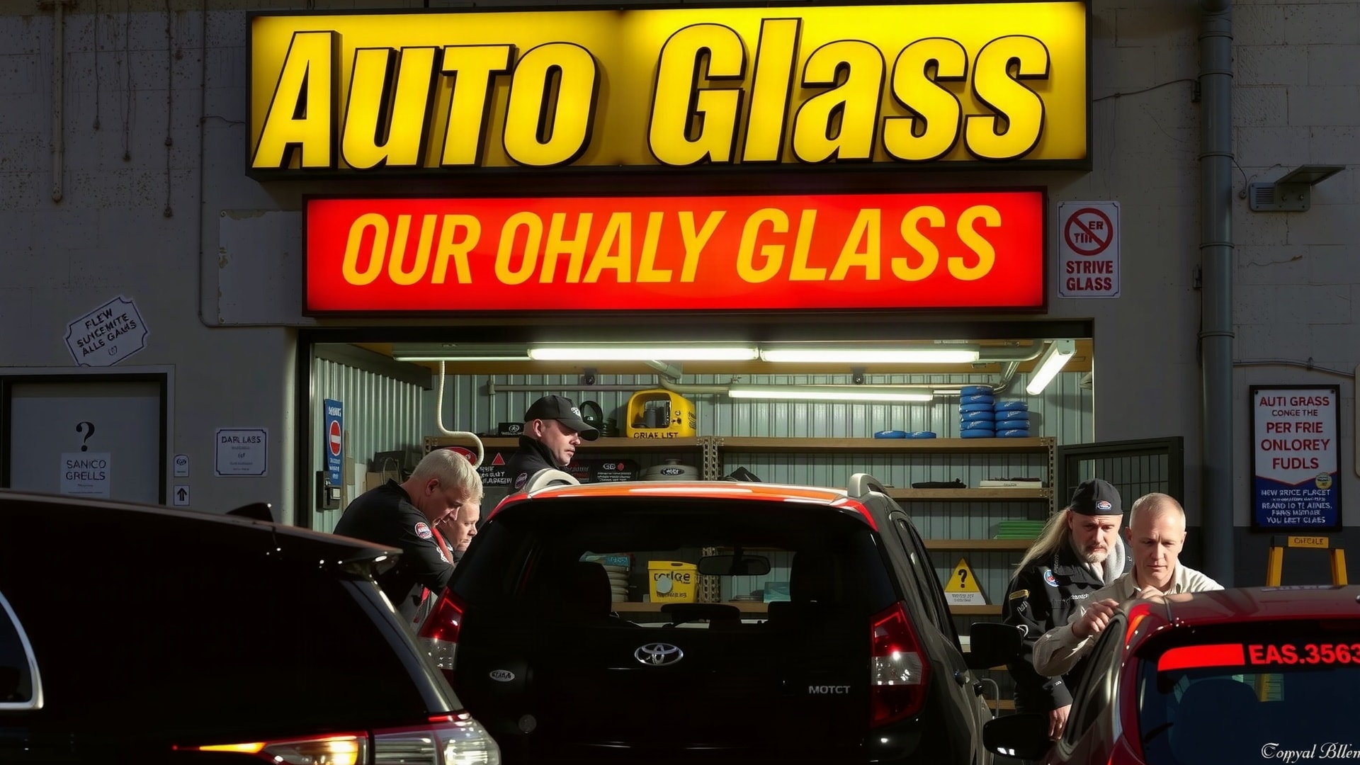 An auto glass repair shop with technicians working on cars under bright signage.