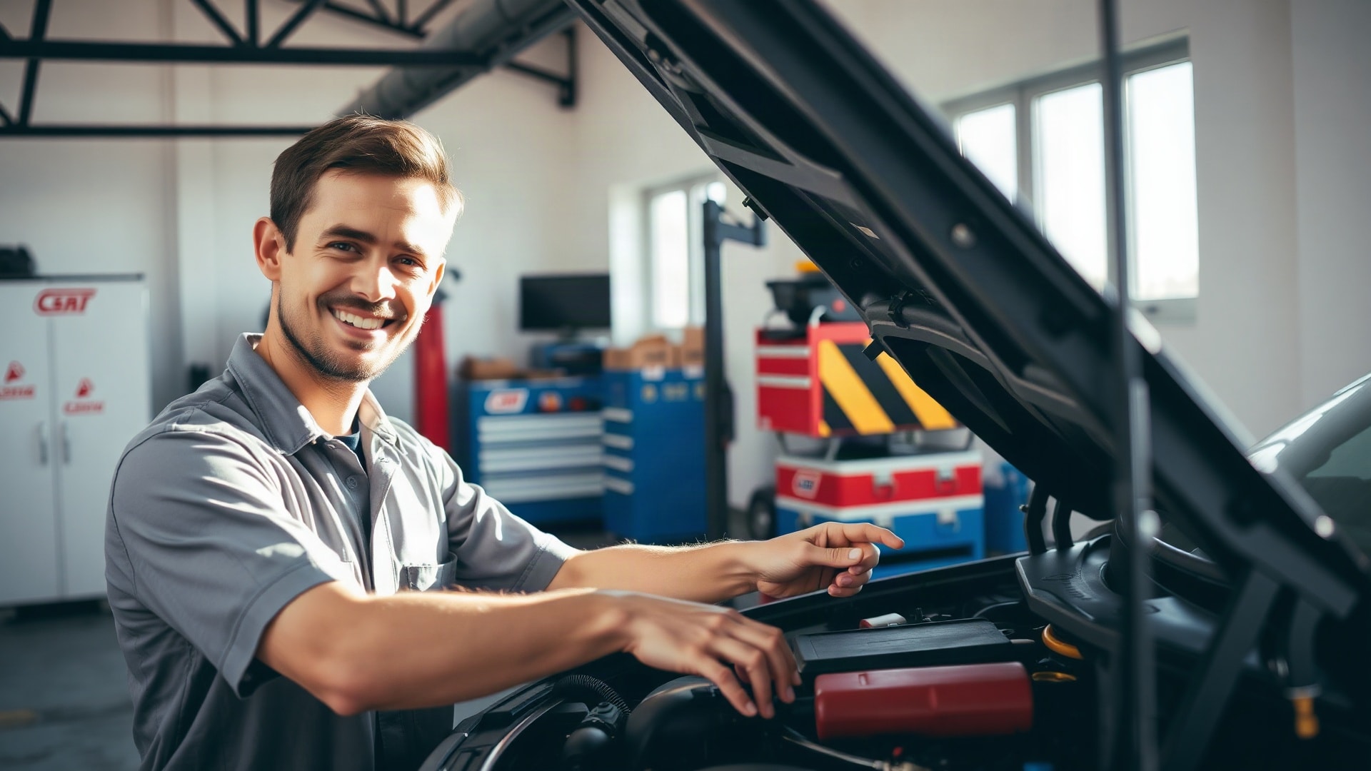Cheerful auto mechanic diagnosing a vehicle in a bright auto repair shop