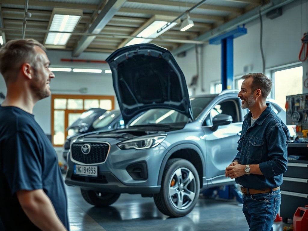 Boost Your Auto Repair Shop's Visibility with Launch Fuse AI: The Ultimate Website Solution — Launch Fuse AI Completed vehicle repair with a satisfied customer in a bright auto repair shop