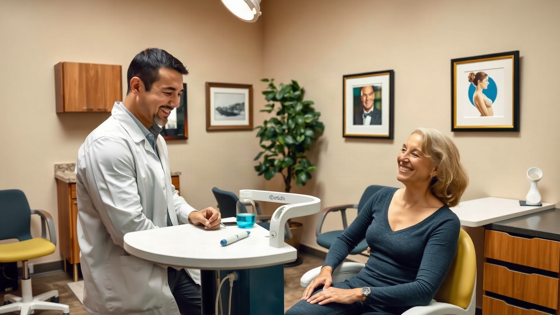 Dentist happily consulting with a patient in a modern dental office