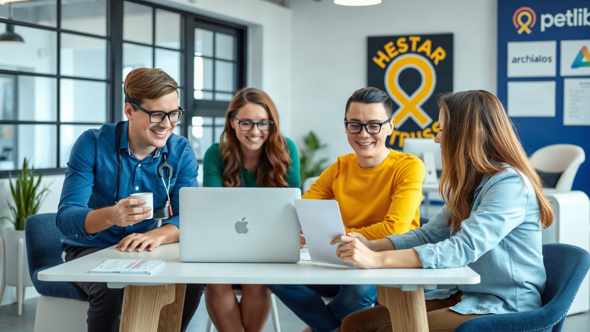 Marketing agency team reviewing AI-generated website content in a bright office