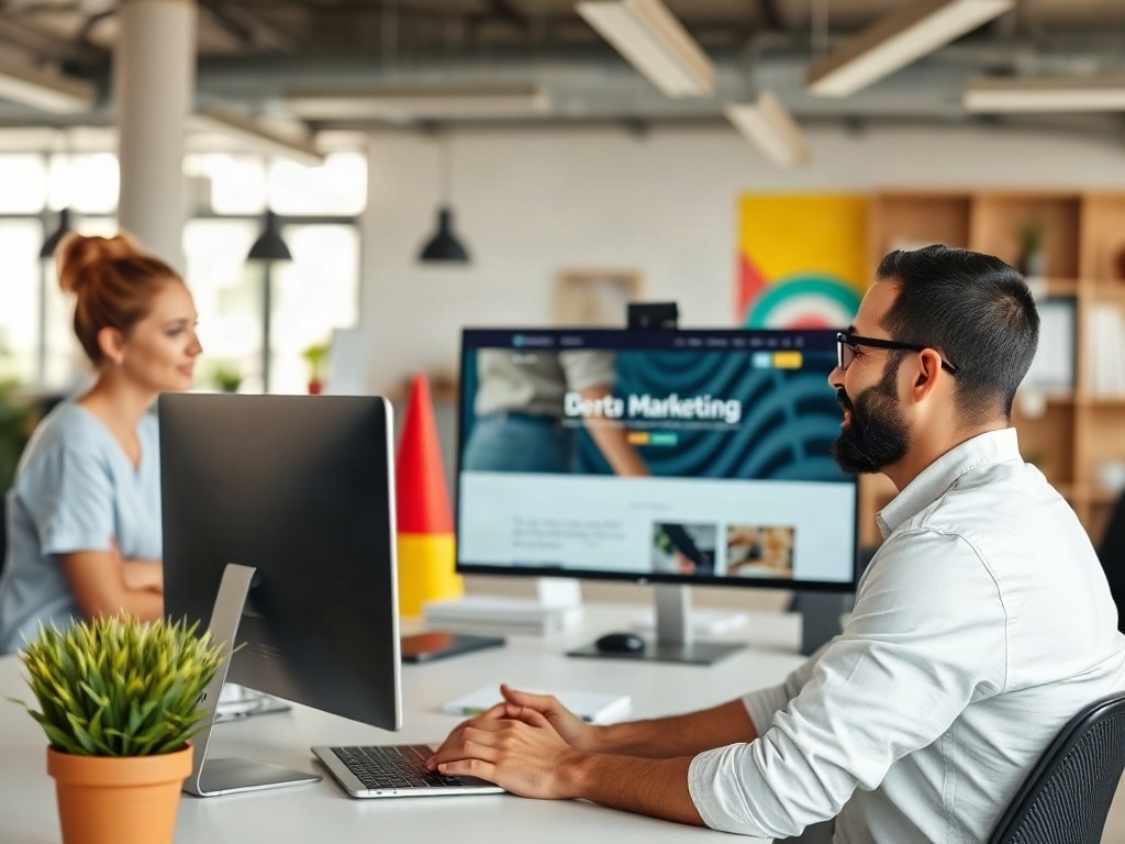 Client enjoying their newly launched website in a lively marketing agency office