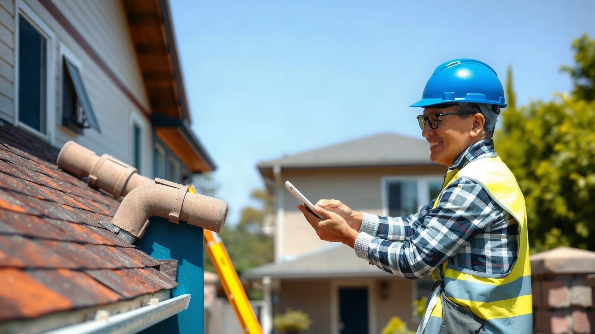 Roof inspector happily conducting an inspection on a residential home