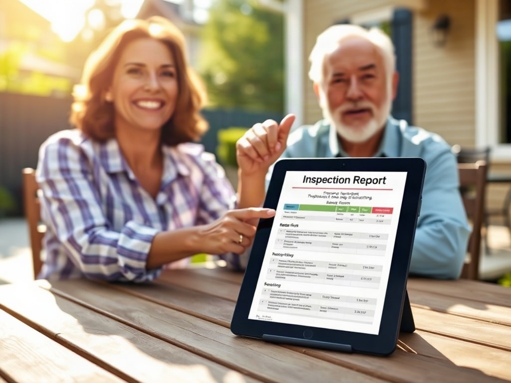Completed inspection report displayed on a tablet next to a satisfied homeowner