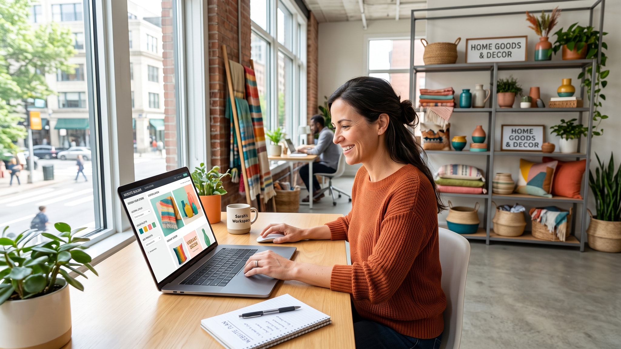 Home and decor store owner happily setting up a vibrant, customizable website in a modern office.