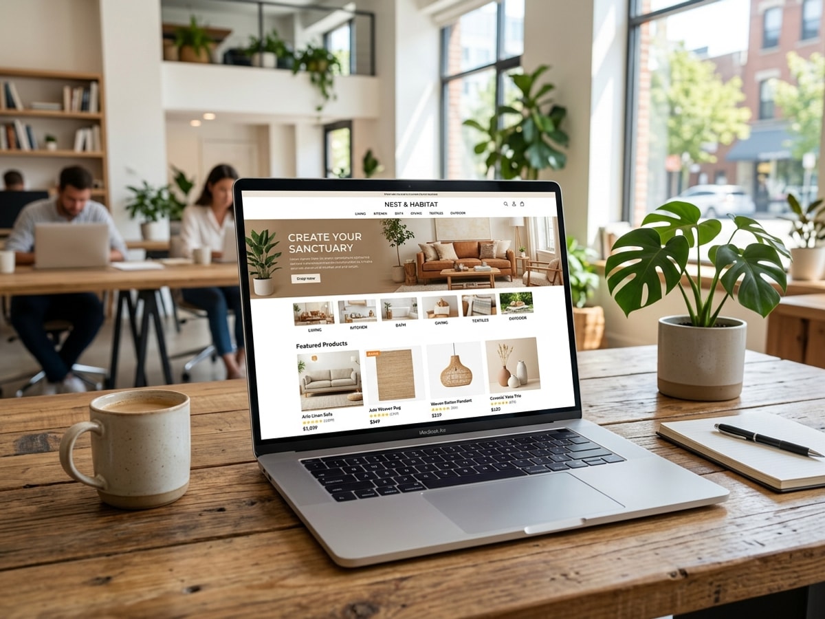 Finished vibrant home and decor website displayed on a laptop in a modern office.