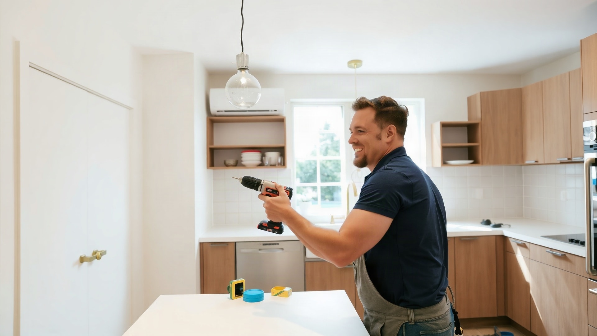 Home improvement contractor installing kitchen cabinets in a modern kitchen.