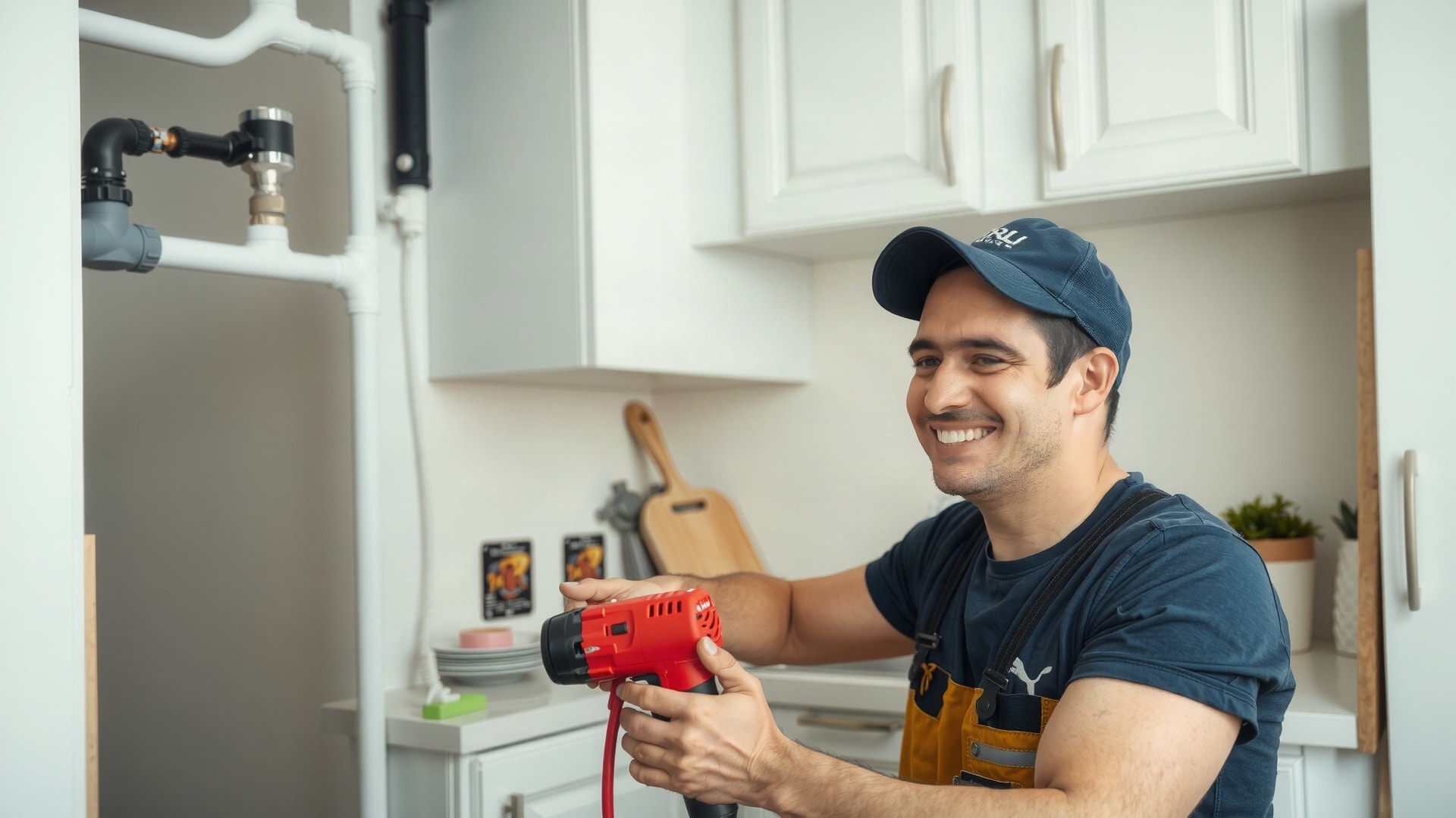 Plumber happily installing plumbing in a bright kitchen