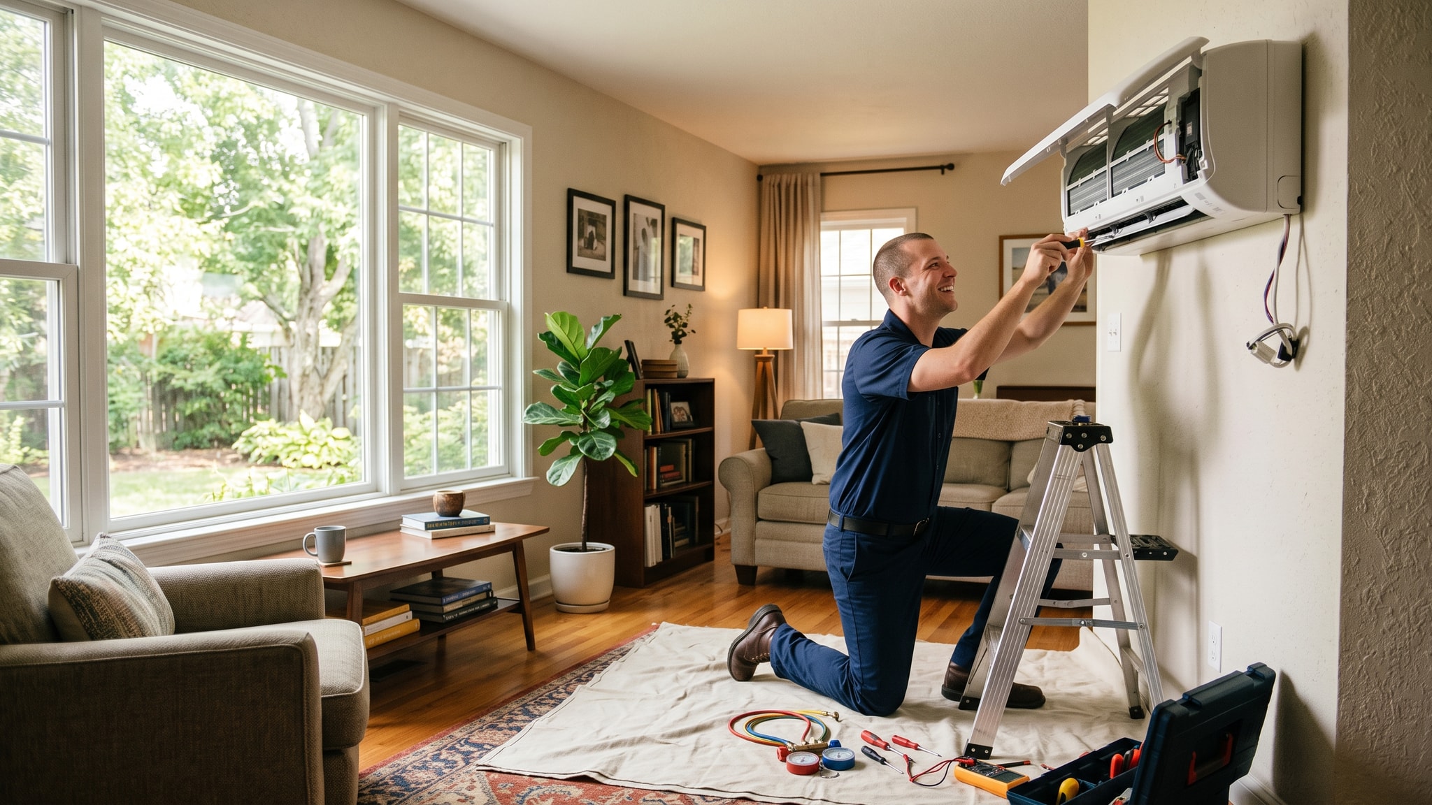 How LaunchFuse.ai Empowers HVAC Companies to Grow Online: A Comprehensive Guide — Launch Fuse AI HVAC technician repairing a residential air conditioning unit in a sunny living room