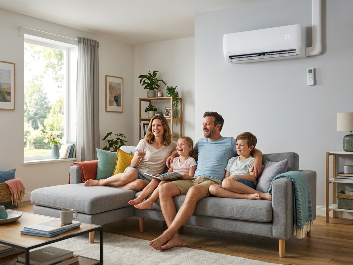 How LaunchFuse.ai Empowers HVAC Companies to Grow Online: A Comprehensive Guide — Launch Fuse AI Finished installation of a residential air conditioning unit in a sunny living room with a happy family