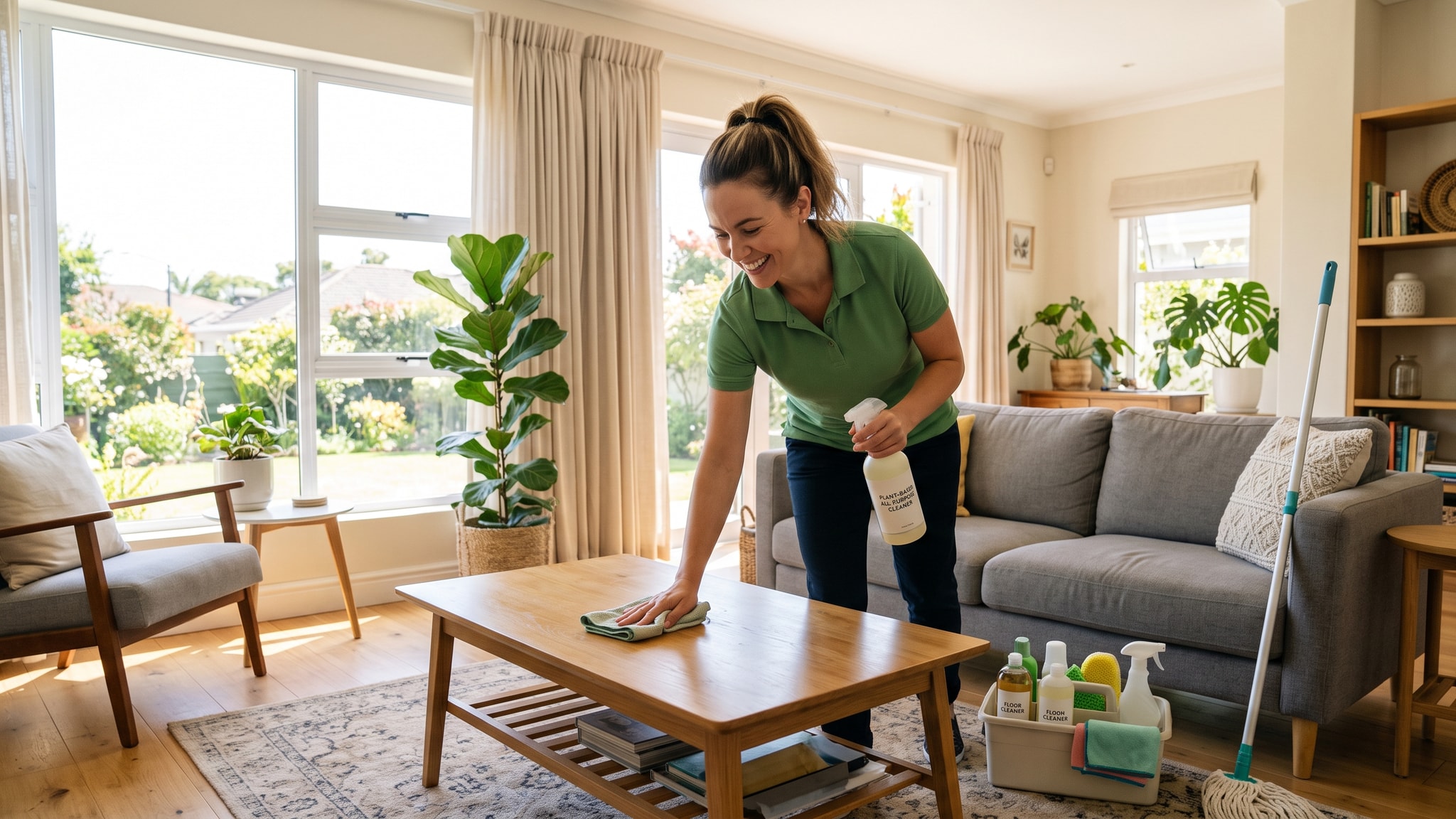 Cleaning professional happily cleaning a bright living room with eco-friendly products