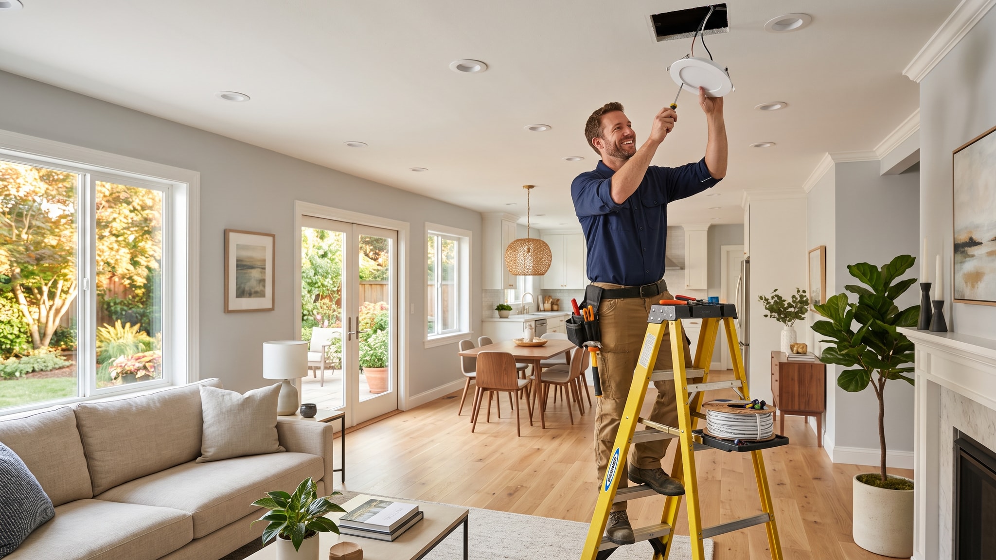 How LaunchFuse.ai Helps Electricians Stand Out in a Competitive Market — Launch Fuse AI Electrician happily installing modern lighting fixtures in a bright living room