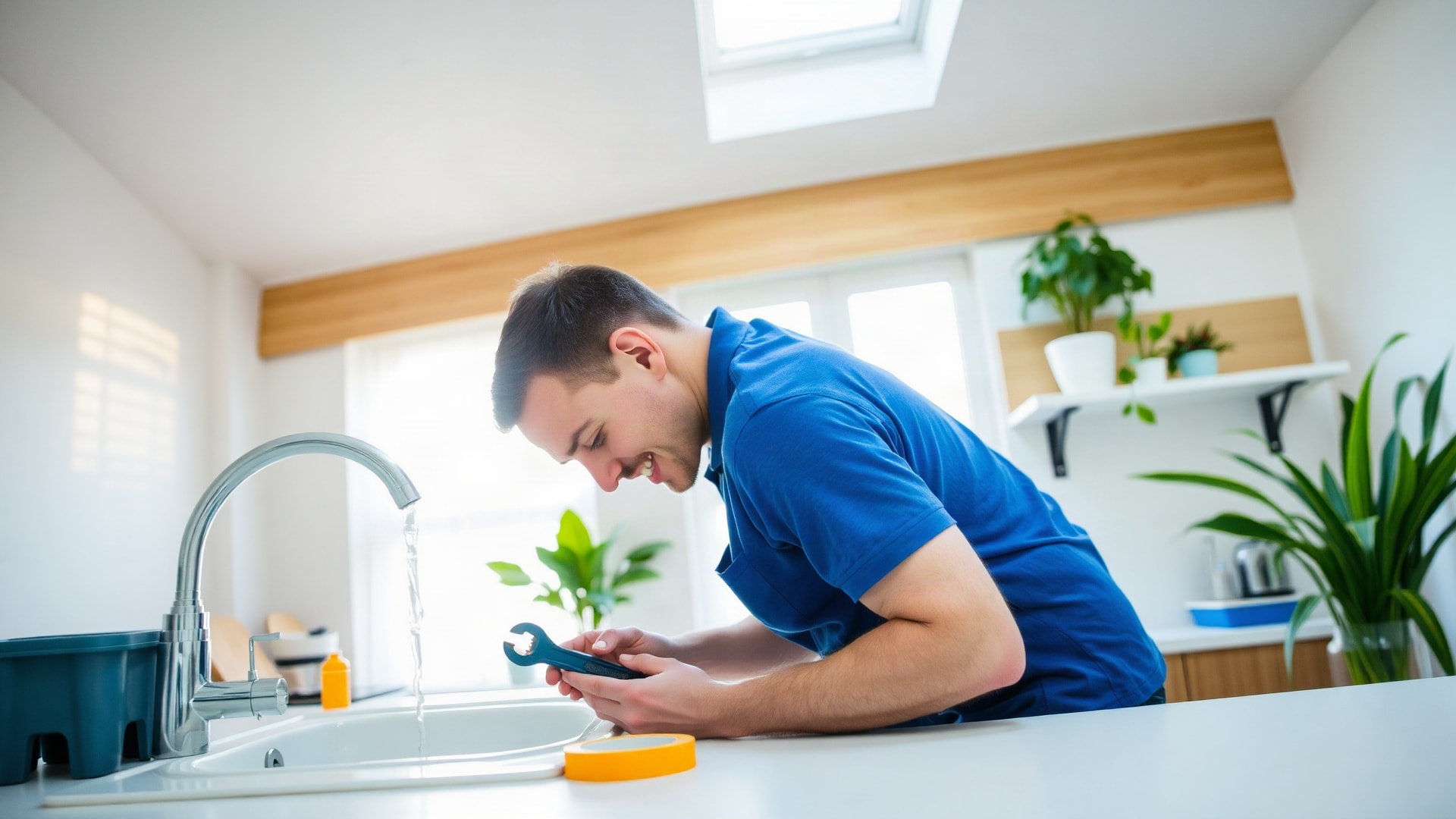 Plumber repairing a leaking pipe under a kitchen sink in a modern home.