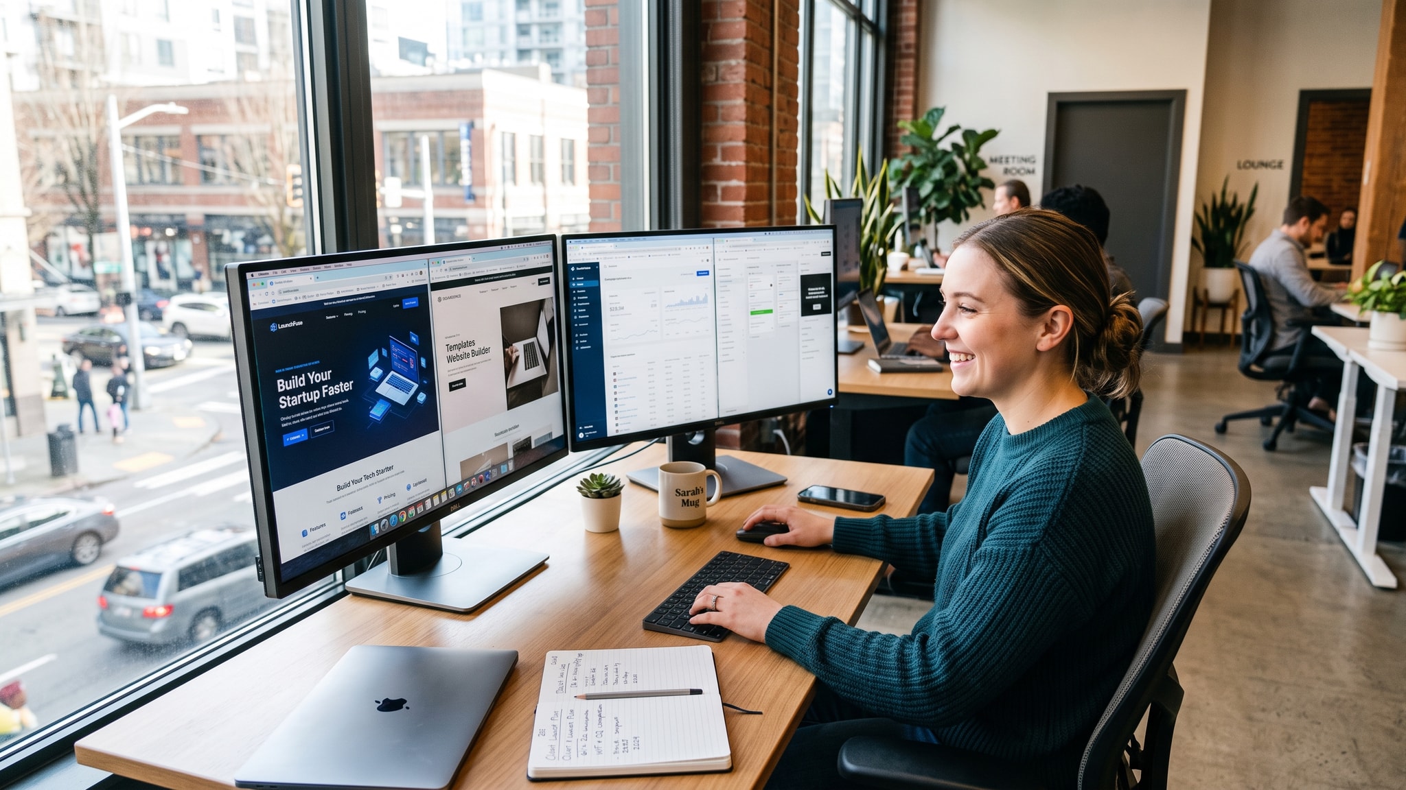 LaunchFuse vs. Squarespace: Pretty Website or Actual Growth Machine? — Launch Fuse AI Marketing agency professional reviewing website growth options in a bright office