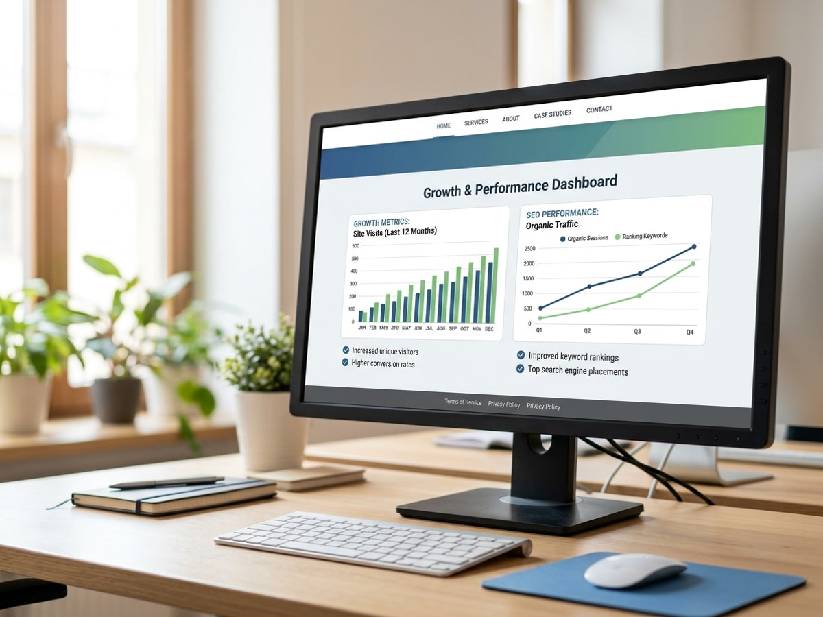 LaunchFuse vs. Squarespace: Pretty Website or Actual Growth Machine? — Launch Fuse AI Completed LaunchFuse website on a computer screen with growth metrics