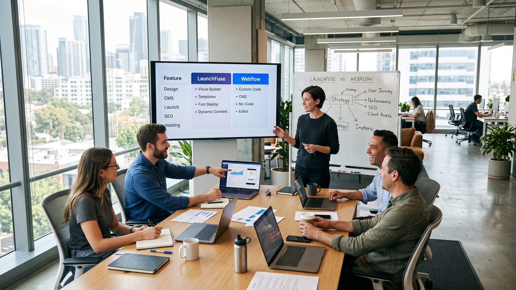 LaunchFuse vs. Webflow: Beautiful Builds vs. Websites That Keep Expanding — Launch Fuse AI Marketing agency team discussing website strategies with LaunchFuse and Webflow