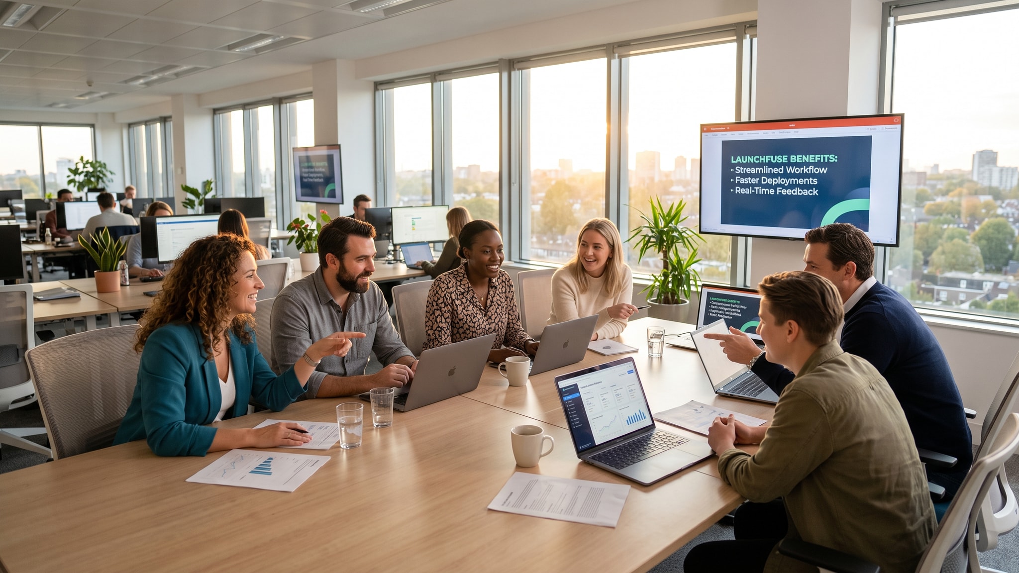 LaunchFuse vs. Wix: Website Builder vs. Market Builder — Launch Fuse AI Marketing agency team discussing the benefits of LaunchFuse in a modern office