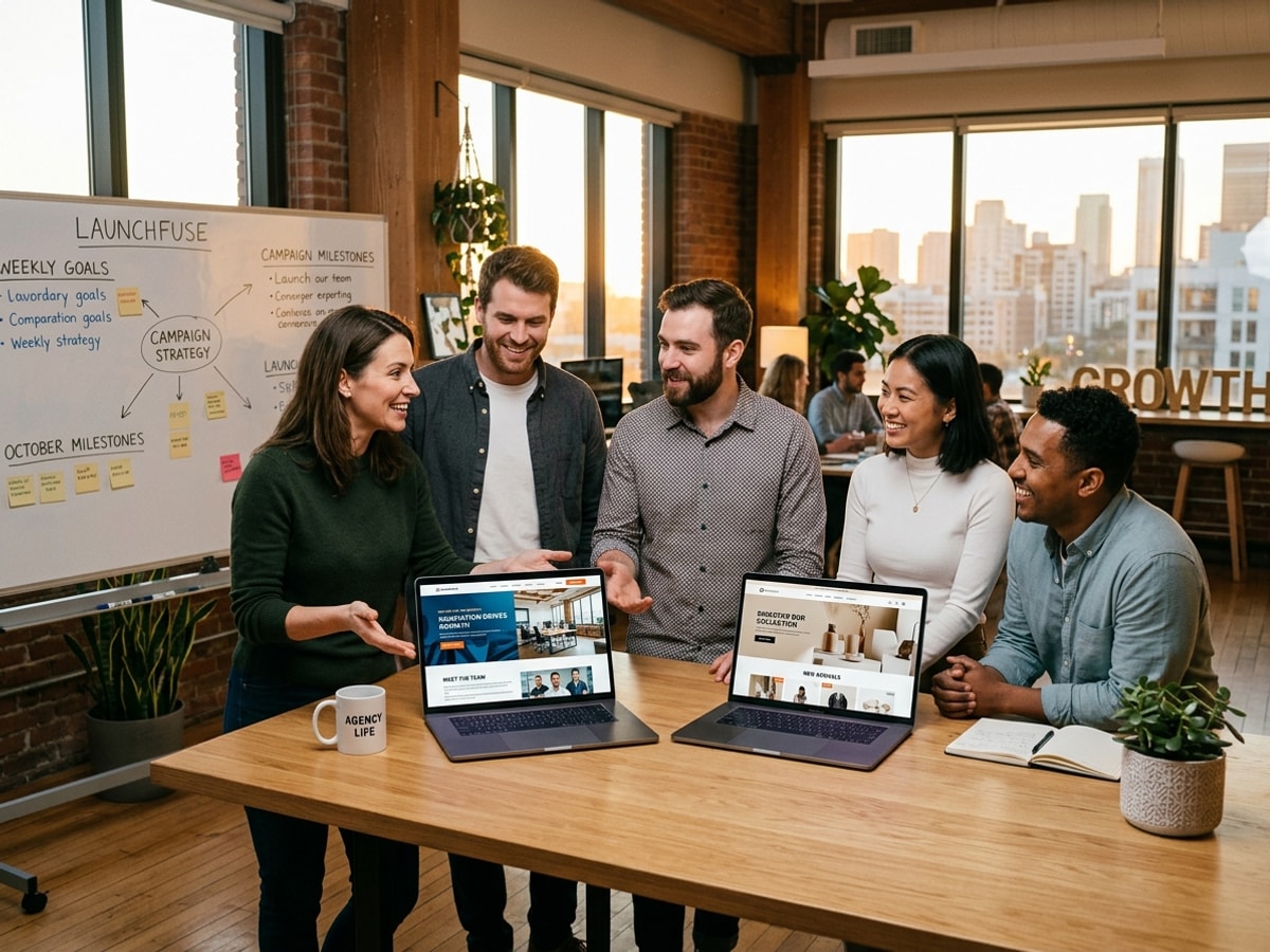 LaunchFuse vs. Wix: Website Builder vs. Market Builder — Launch Fuse AI Marketing agency team celebrating their website growth results using LaunchFuse