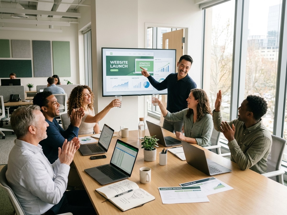 LaunchFuse vs. WordPress: Do You Really Need Another Website That Just Sits There? — Launch Fuse AI Team celebrating a successful website launch in a bright agency workspace