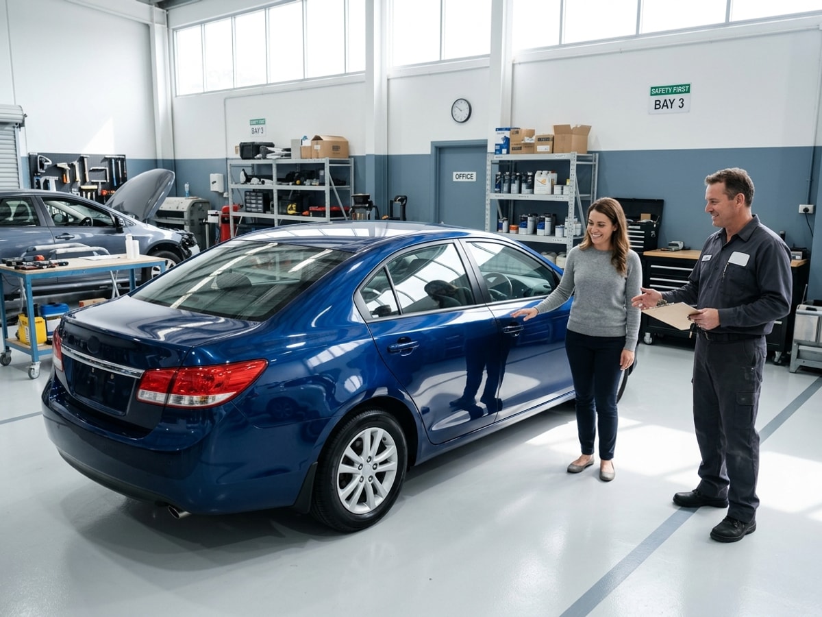 Completed auto body repair job in a bright shop, showcasing a satisfied customer with the repaired car