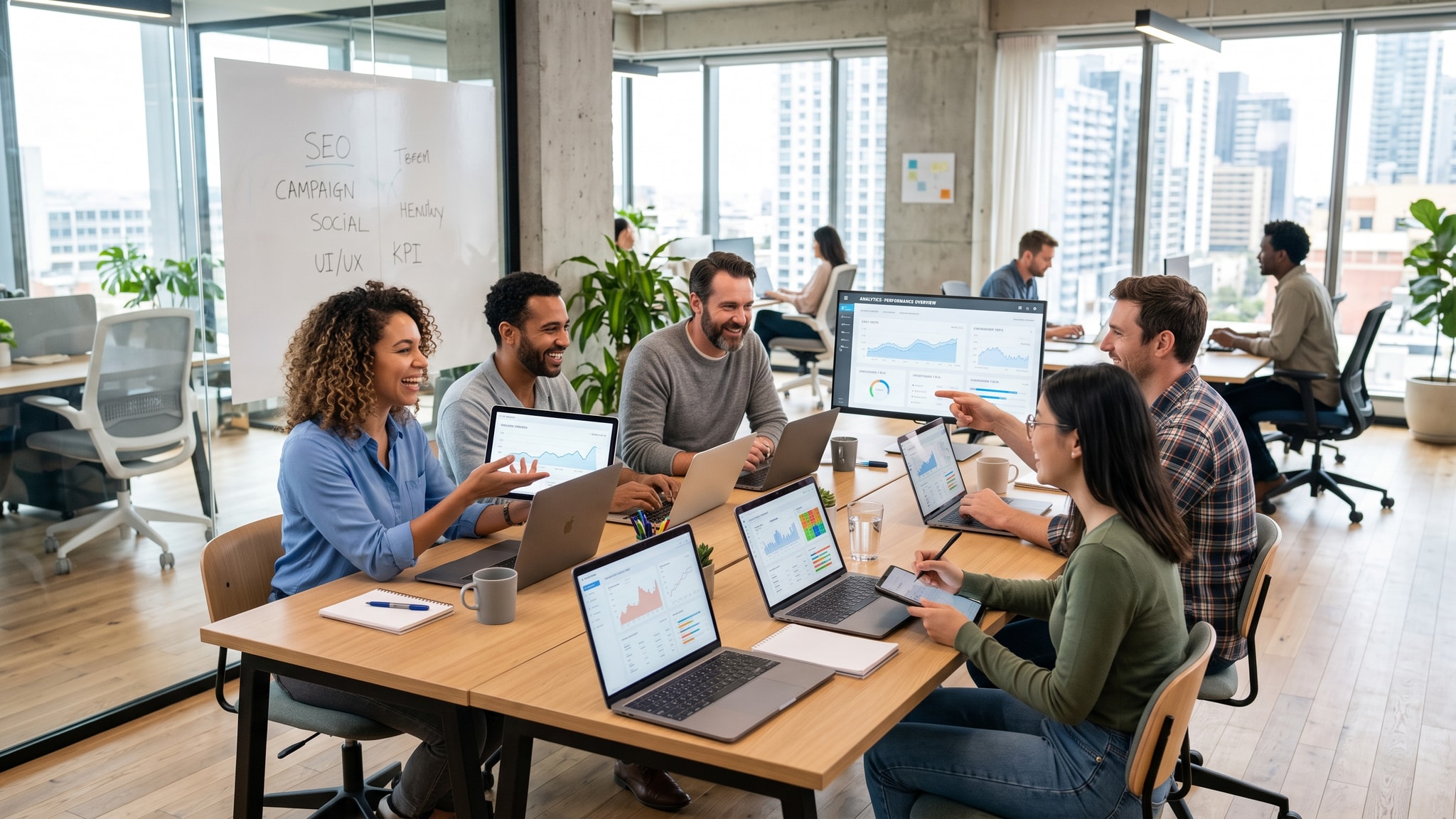 Maximize Your Clients’ ROI: How Launch Fuse AI Empowers Digital Marketing Agencies — Launch Fuse AI Digital marketing agency team collaborating in a modern office space, reviewing client websites.