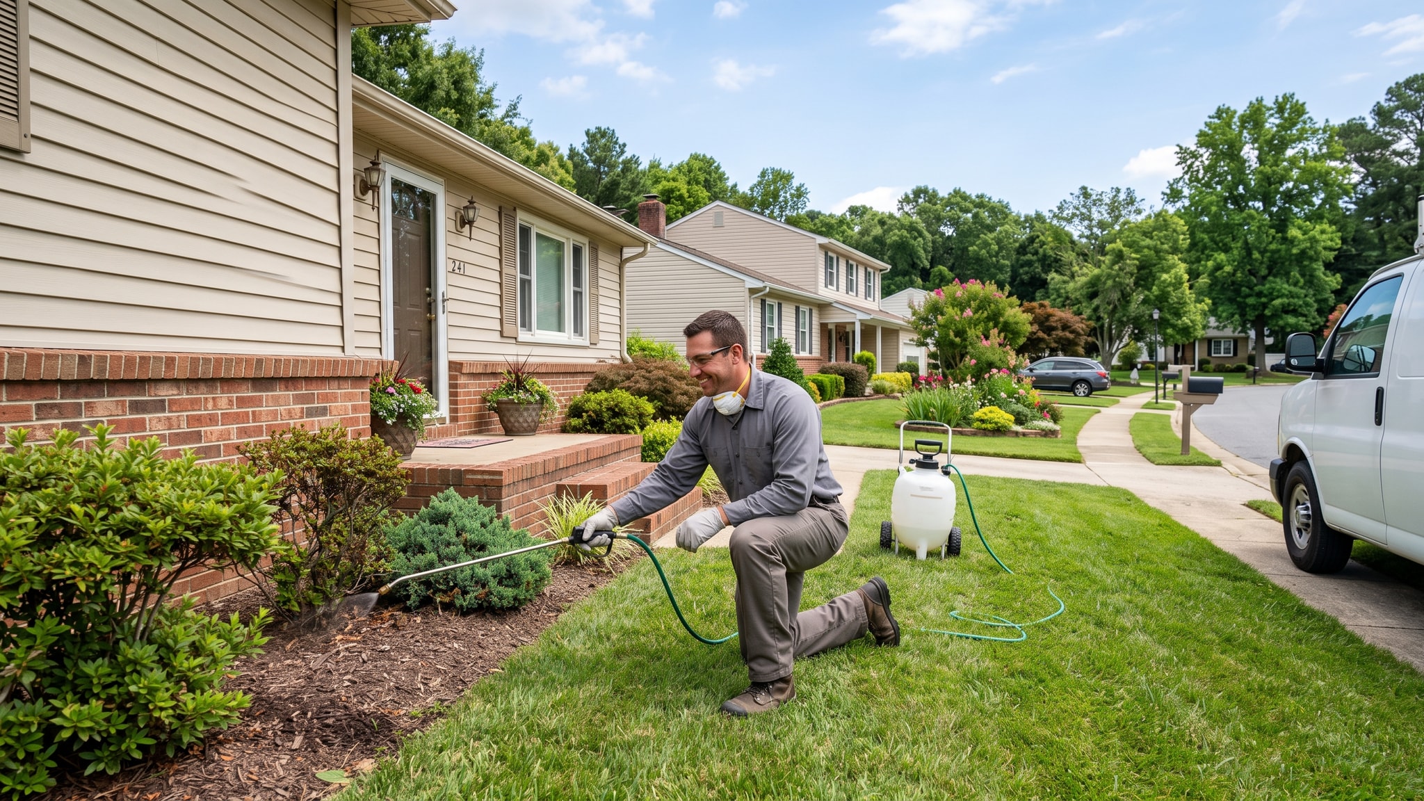 Maximize Your Pest Control Business Growth with Launch Fuse AI: Website Solutions — Launch Fuse AI Pest control technician treating a residential property for termites in a suburban neighborhood
