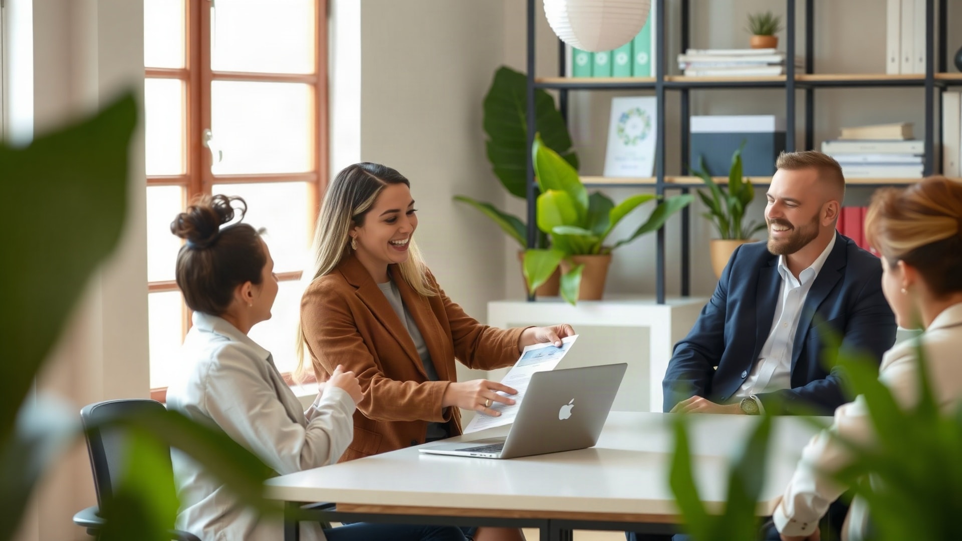 Real estate agent discussing property listings with a client in a vibrant office