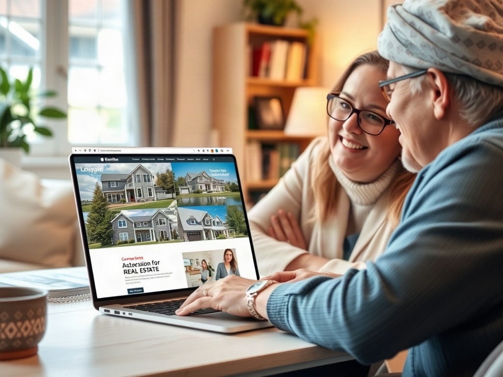 A finished real estate website displayed on a laptop, showcasing property listings