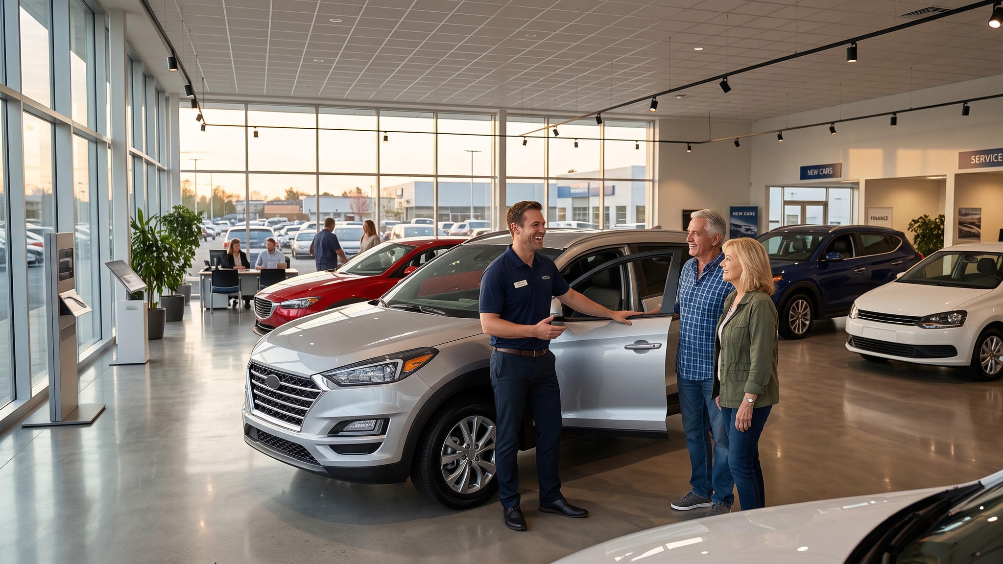 Car dealership staff member engaging with customers in a bright showroom