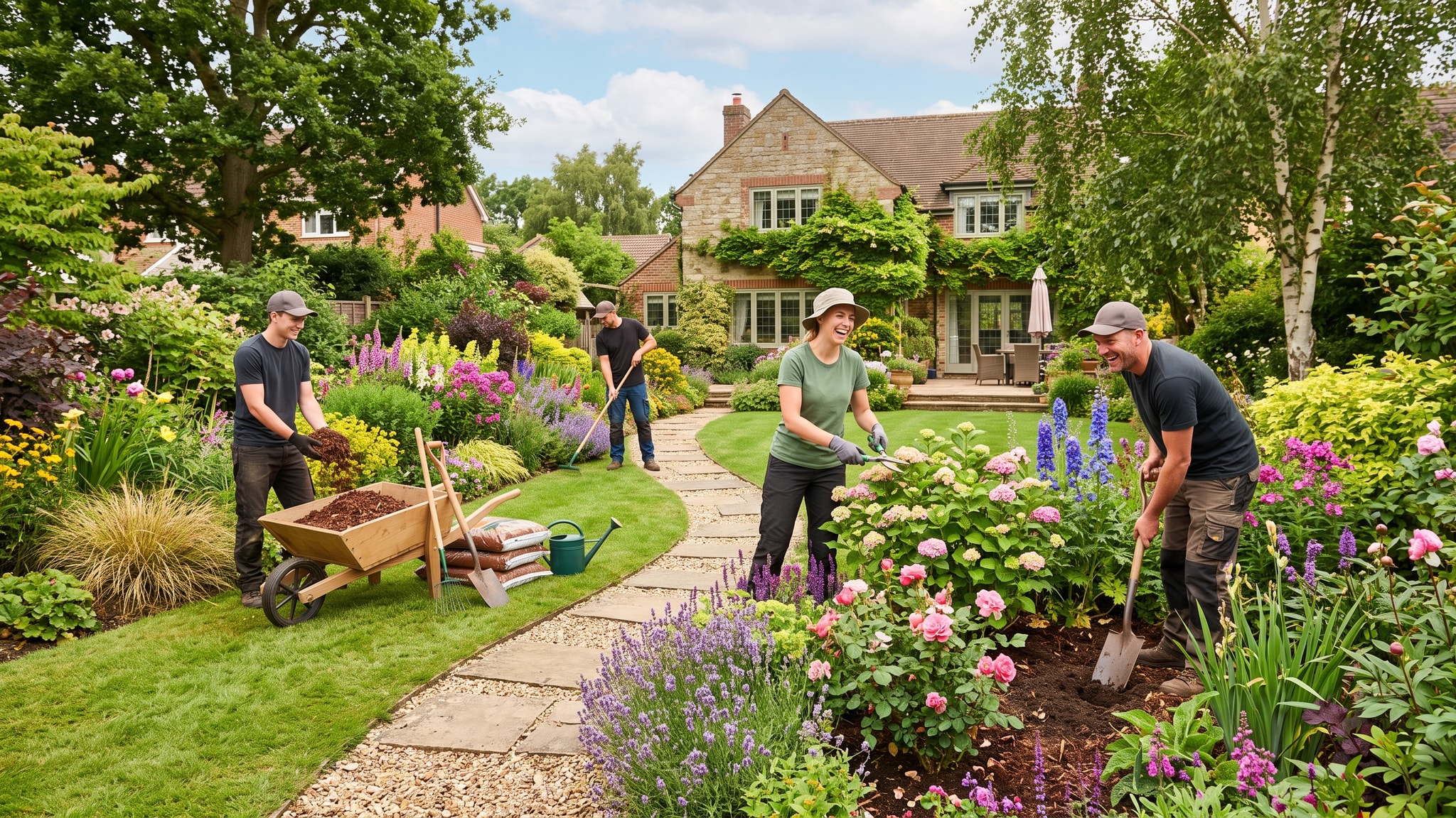 Landscapers happily working on a vibrant residential garden during a sunny afternoon