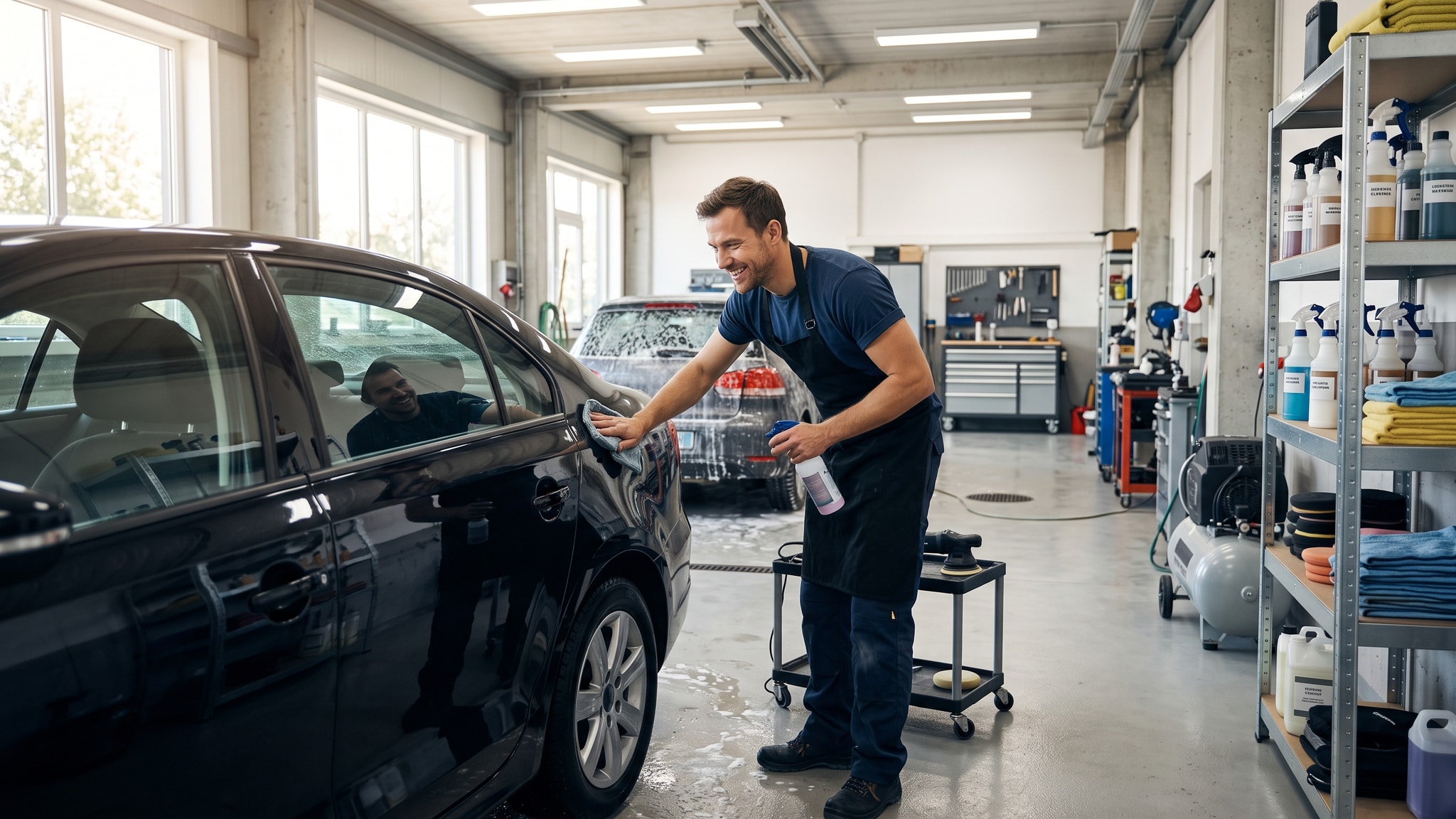 Auto detailing professional happily cleaning a car's exterior in a bright garage