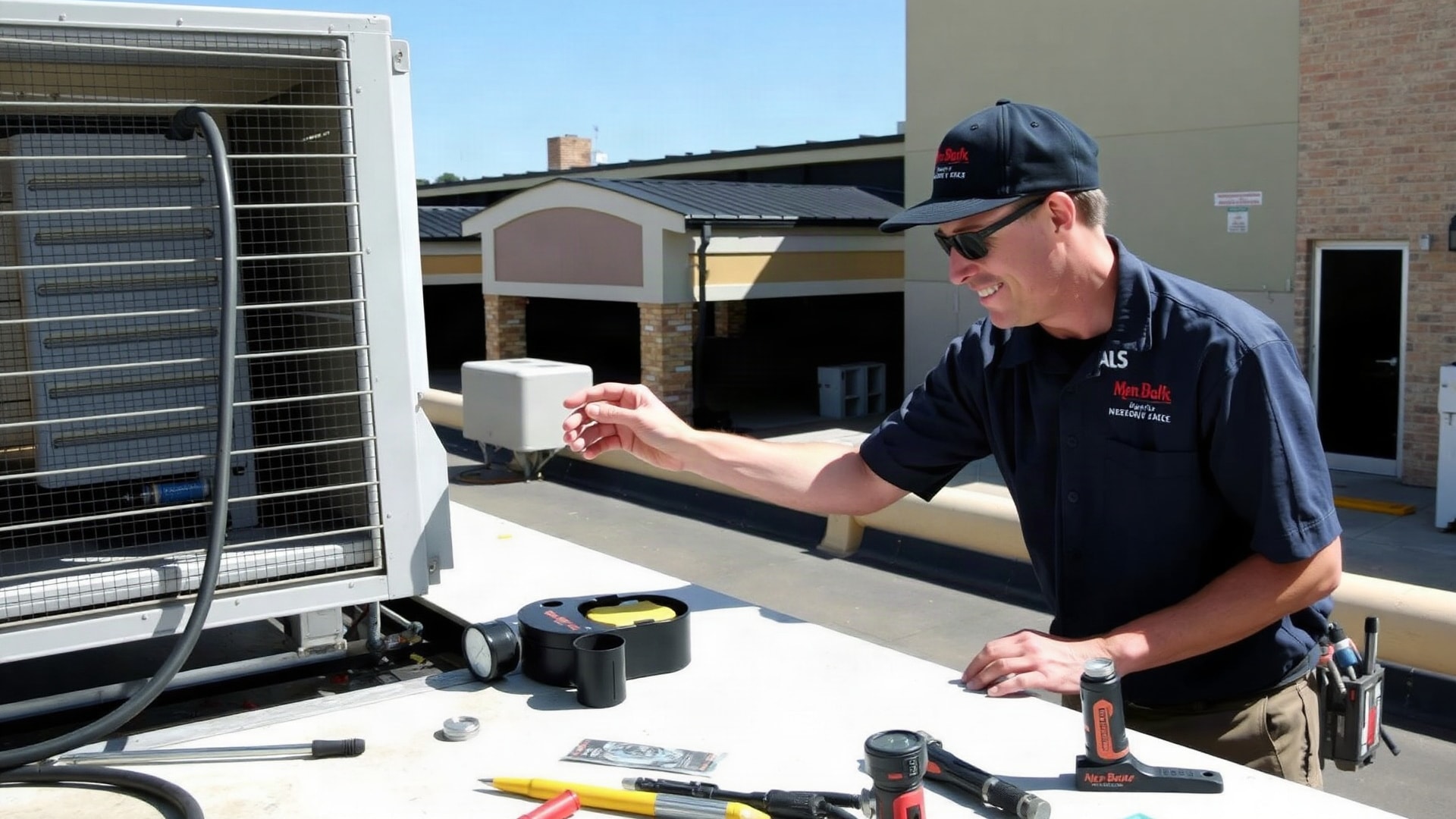 HVAC technician servicing a rooftop air conditioning unit.