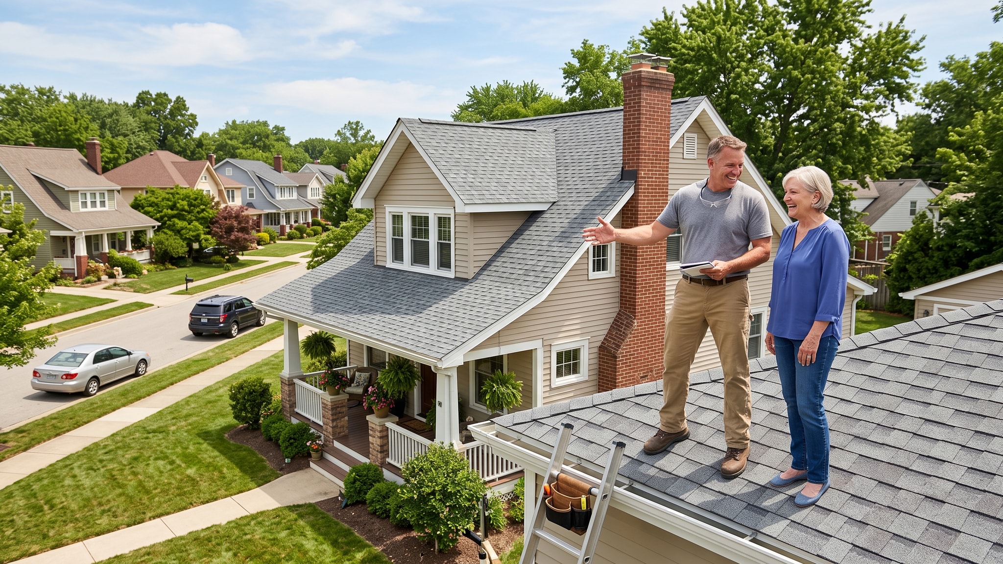 Roofing contractor inspecting a newly installed roof with a homeowner in a suburban neighborhood
