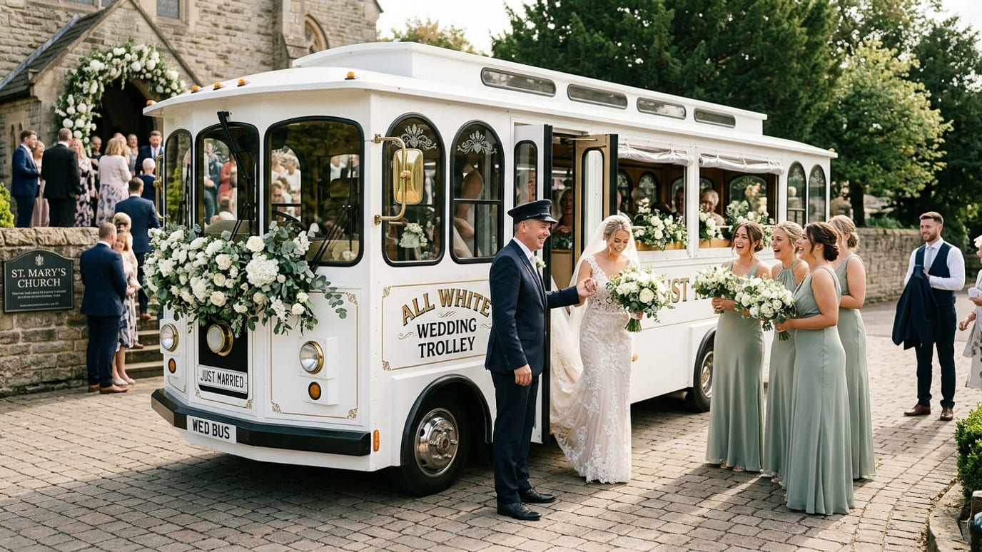 Shooboo Trolley & Shuttle Co providing All White Wedding Trolley Private Transportation Company services