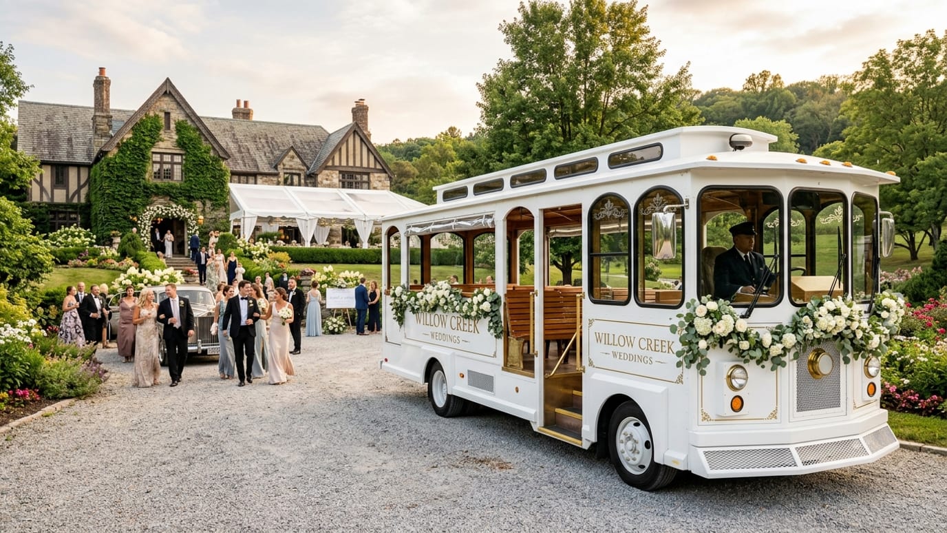 All White Wedding Trolley — Shooboo Trolley & Shuttle Co